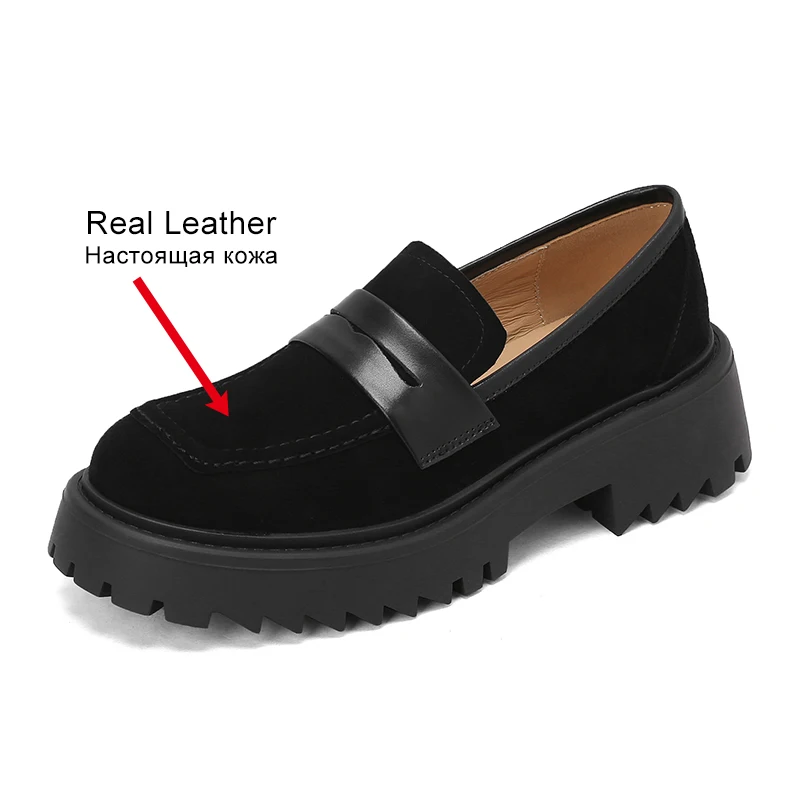 JOZHAMTA Vrouwen Casual Loafers Schoenen Vintage Echt Leer Dikke Hakken Platform Schoenen Klassieke 2025, Lente Kantoor Dame Maat 33-43