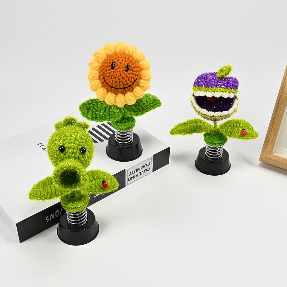 Handmade-Crocheted Pea/Cannibal Flower/Sunflower Potted Plant,Bobblehead With Spring,Office Desktop Decor,Car interior Ornaments