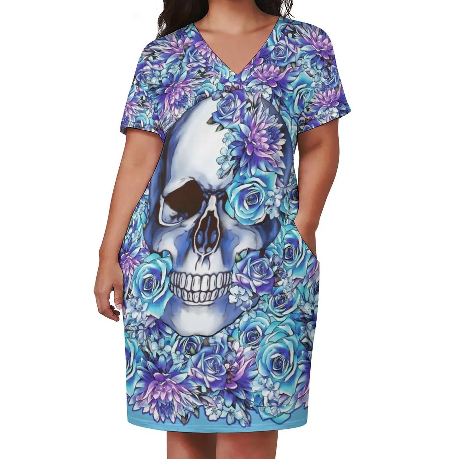 Human anatomy Skull blue watercolor floral Loose Pocket Dress summer clothes for women evening dresses women