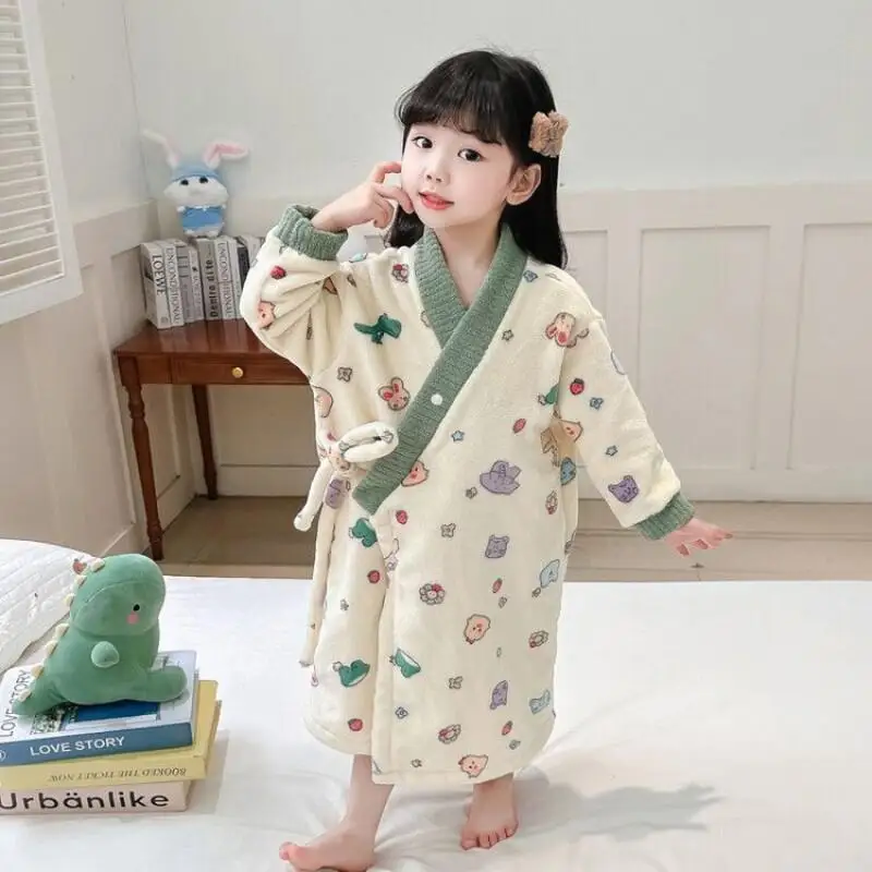 

Children's Sleepwear for Boys and Girls 2025 New Coral Fleece Baby Mid To Long Length, Autumn and Winter with Fleece for Boys