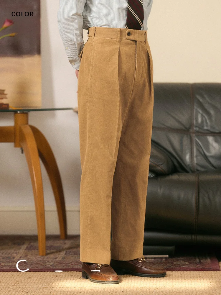

CULTUM Vintage Single Pleat Straight Khaki Corduroy Men's Casual Color College Style Long Pants Business Gentleman