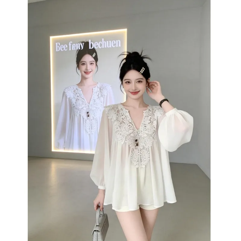 

Elegant Heavy Embroidery Hollow out Hook Flower Blouse Gentle Personality Shirt 2026 Straight Tube Meat Conceal Slimming Chif...