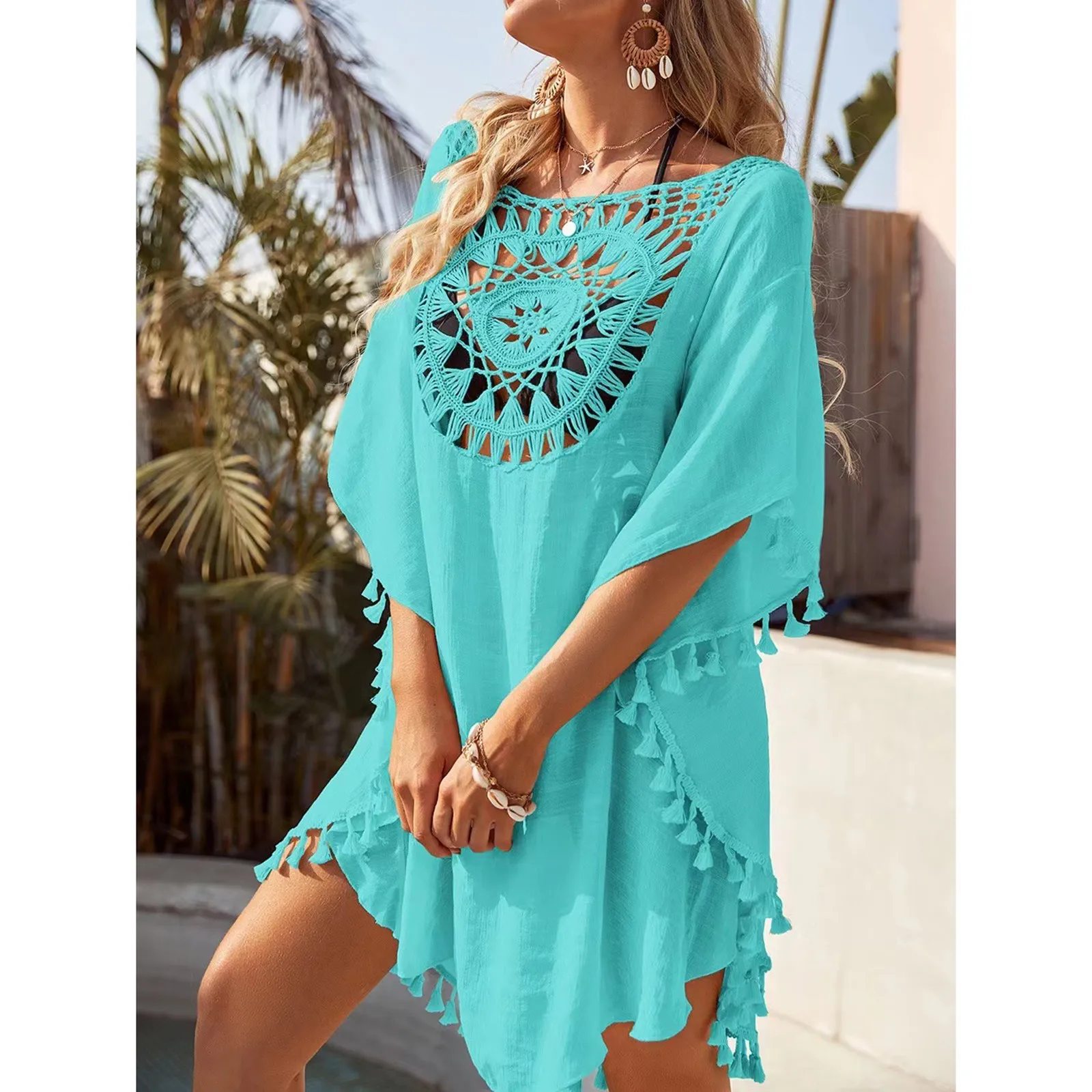 Seksowna luźna modna bawełniana lniana sukienka plażowa Zwykły kolor Bikini Cover UP Strój kąpielowy Hollow Out Casual Vacation Dress Robe De Plage