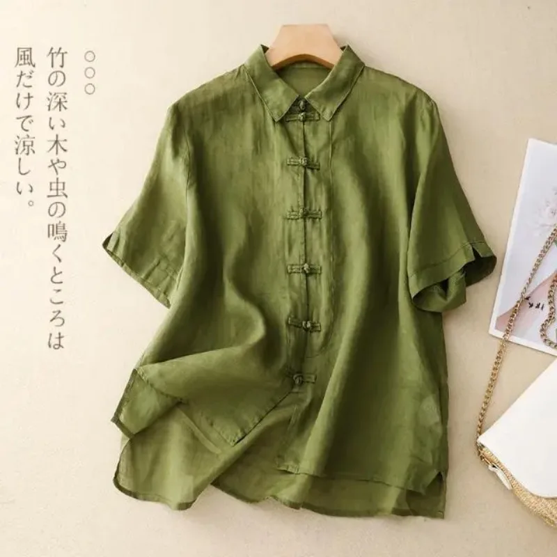 Women's Chinese Style Frog Button Linen Cotton Short Sleeve Shirt Loose Casual Blouse Summer
