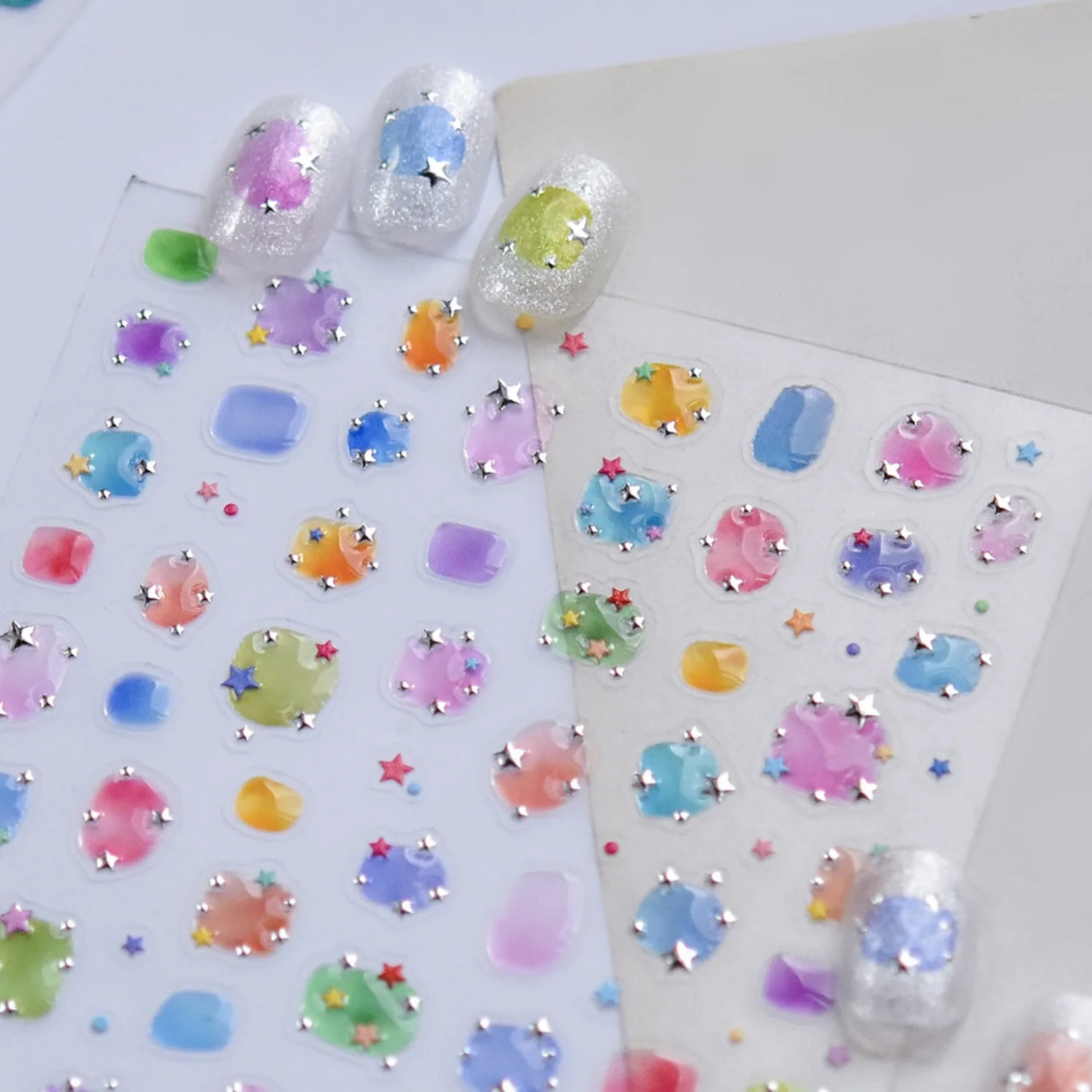 5D Macaron Star Nail Stickers Gradient Smudge Irregular Star Gem Dot Pattern Nail Decals Sweet Candy Color Manicure Nail Decor
