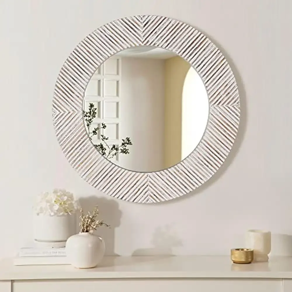 

22" Rustic Solid Wood Round Mirror Wall Decor Circle Living Room Entryway Bedroom Openness Expansion Statement Easy Installation