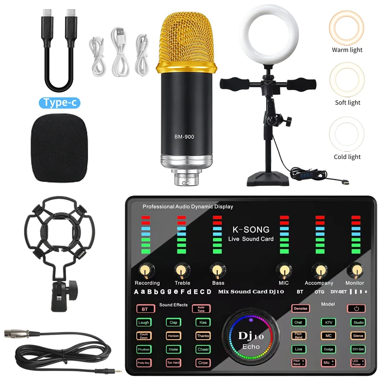 Karaoke Microfoon Professionele Condensator Bluetooth Draadloze Met Ring Licht Invullen Microfoon Geluidskaart Streaming Living Gaming Zingen