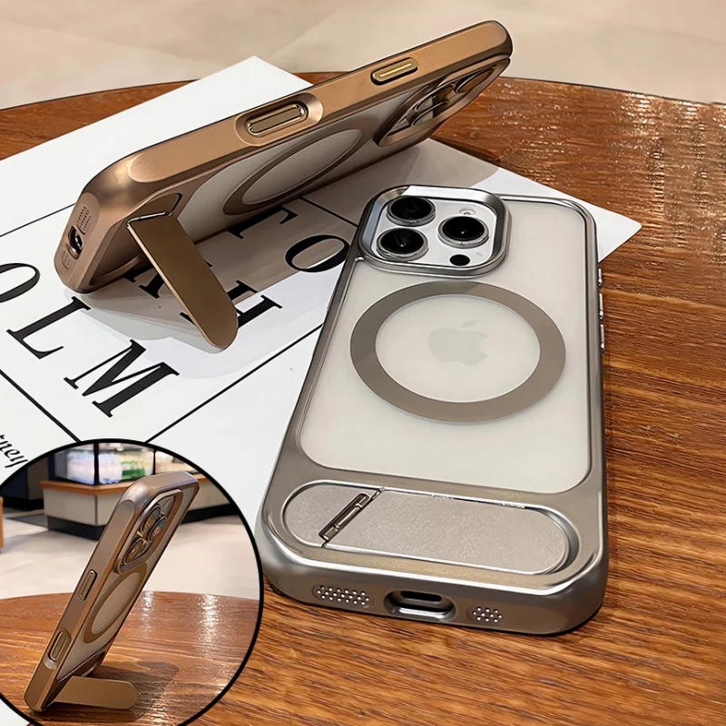Casing Magnetik Transparan Berlapis Embun untuk iPhone 17 16 15 14 13 12 11 Pro Max dengan Penyangga Lipat untuk Magsafe, Pelindung Anti Benturan