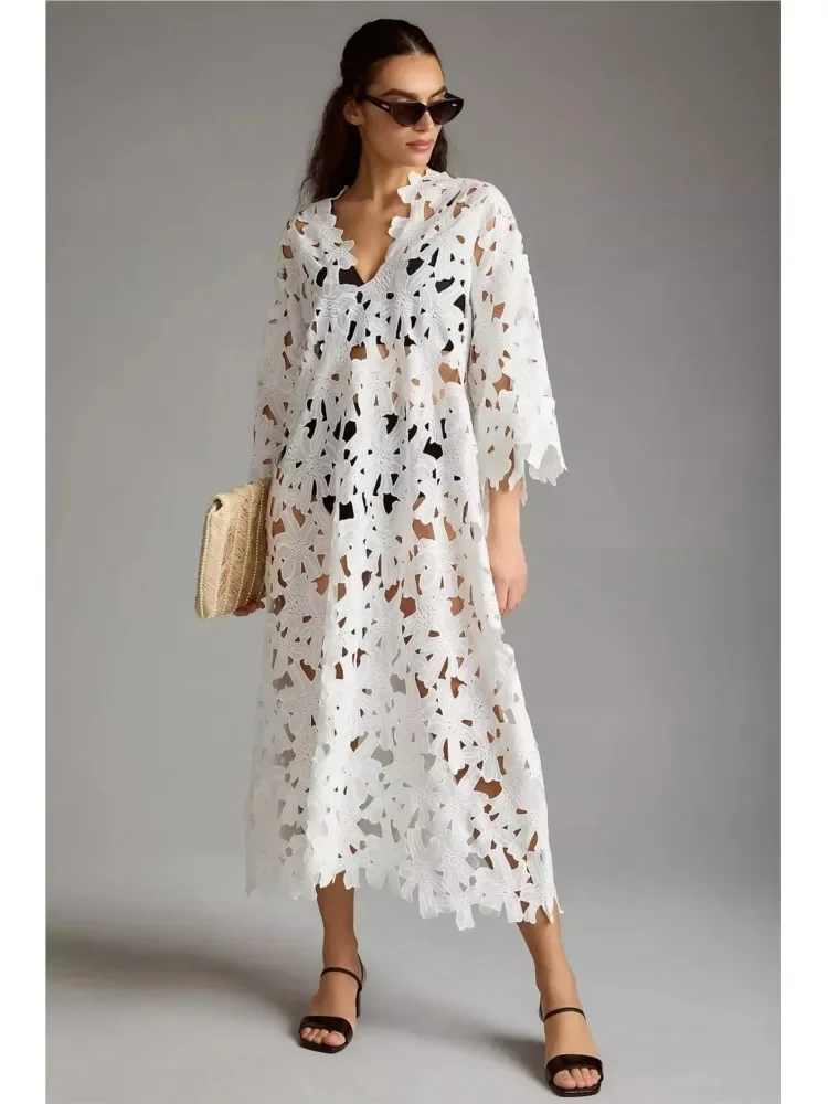 Sexy Kant Hol V-hals Jurk Voor Vrouwen Elegante Effen Lange Jurken Dames Zomer Casual Strand Vakantie Losse Vestidos