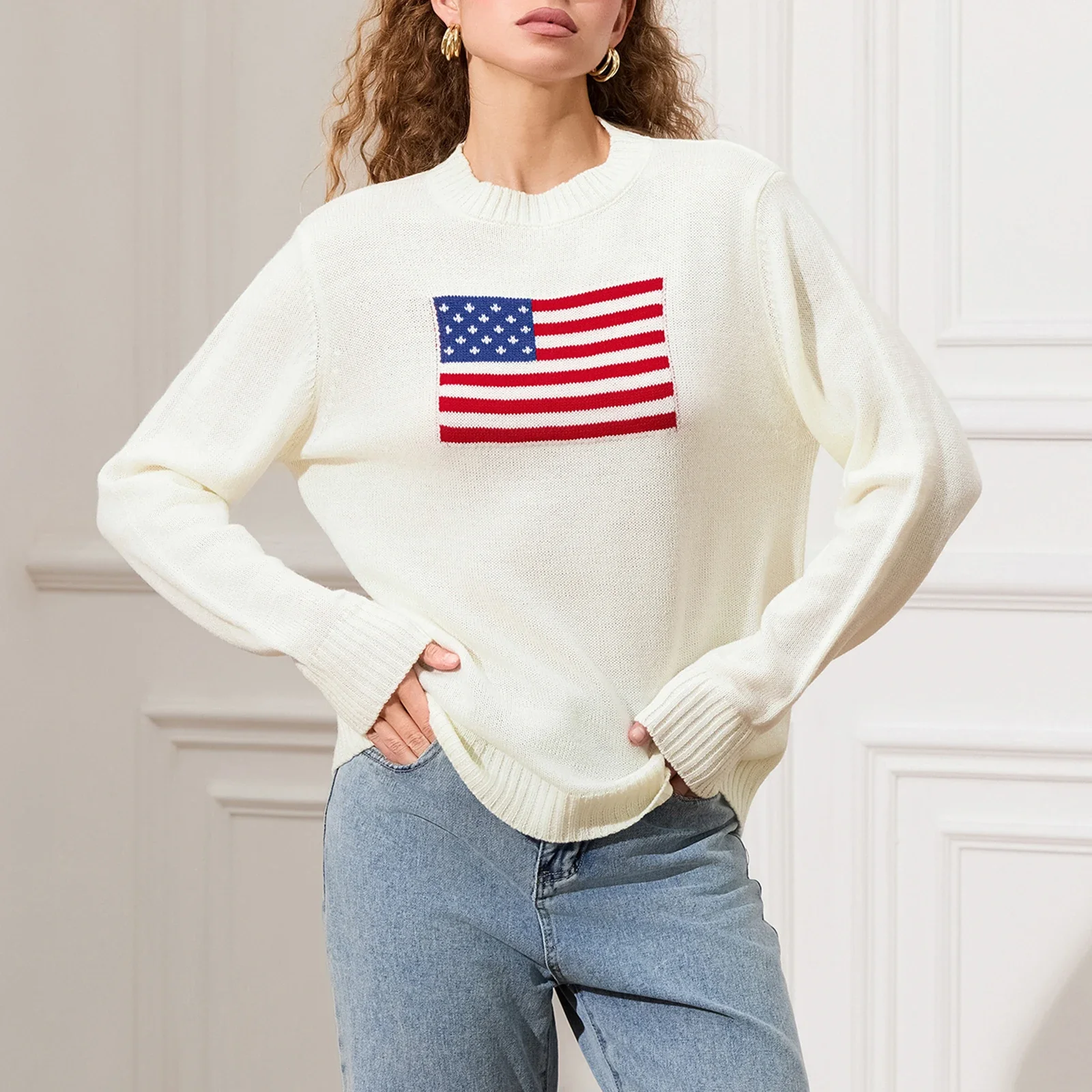 E-Girls Women's Flag Sweaters Casual Loose Long Sleeve Sweatshirts Casual Crew Neck Loose Fit Knit Pullover Jumper Tops Sweaters