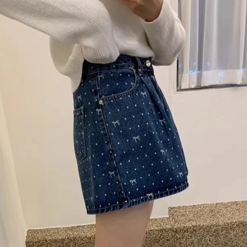 بنطلون جينز نسائي صيفي أنيق مطبوع عليه نقاط البولكا بخصر عالٍ وواسع الساق شورتات جينز نسائية بعقدة على شكل فراشة ملابس متعددة... #1