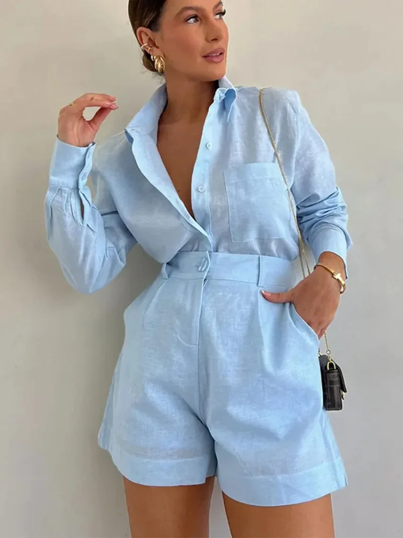 Fashion Women\'s Sets Button Pockets Lapel Shirt Short Pant Elegant Long Sleeves 2 Pieces 2024 Vacation Solid Shorts Blouse Sets