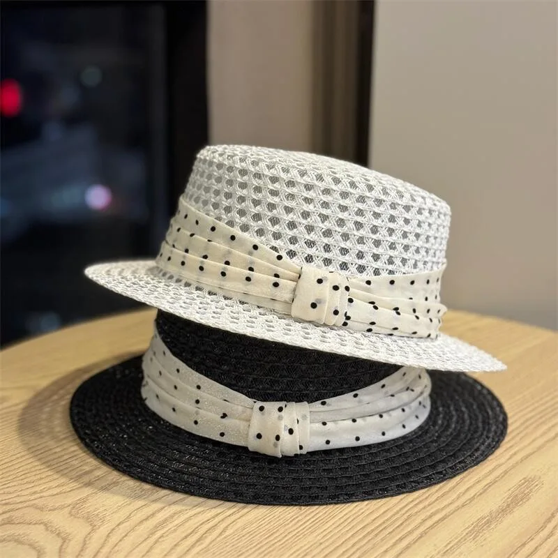 Flat Top Straw Hat Women Polka Dot Design Large Brim Outdoor Sun Protection Hat 2