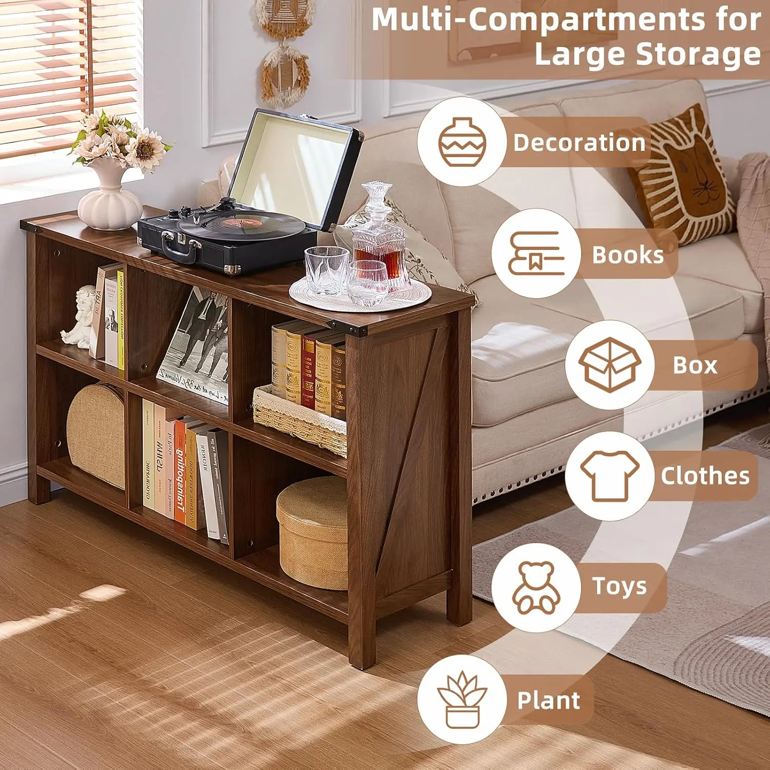 6 Cube 3 Tier Wood Bookshelf, Rustic Storage Organizer with Legs, 47