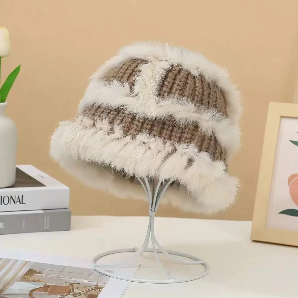 Plush bag head showing face small fur bucket hat bag face knitted hat women's autumn and winter warm wool hat cold view 6