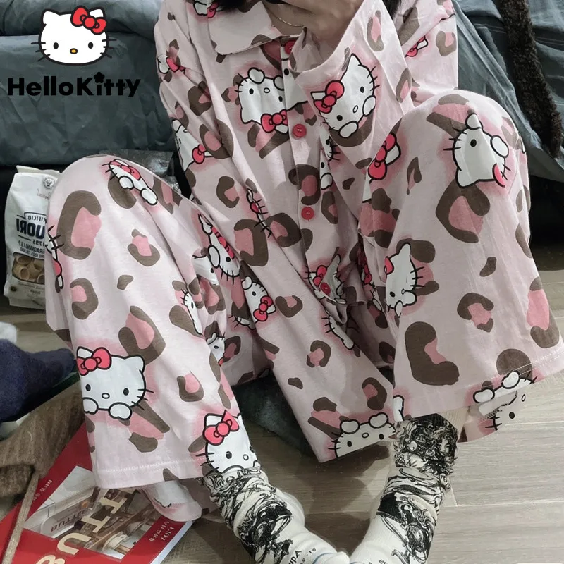 Sanrio Hello Kitty Leopard Print Long Sleeve Top Shirt Loose Pants Spring Pajamas Suit Women 2 Piece Set Cartoon Pink Sleepwear