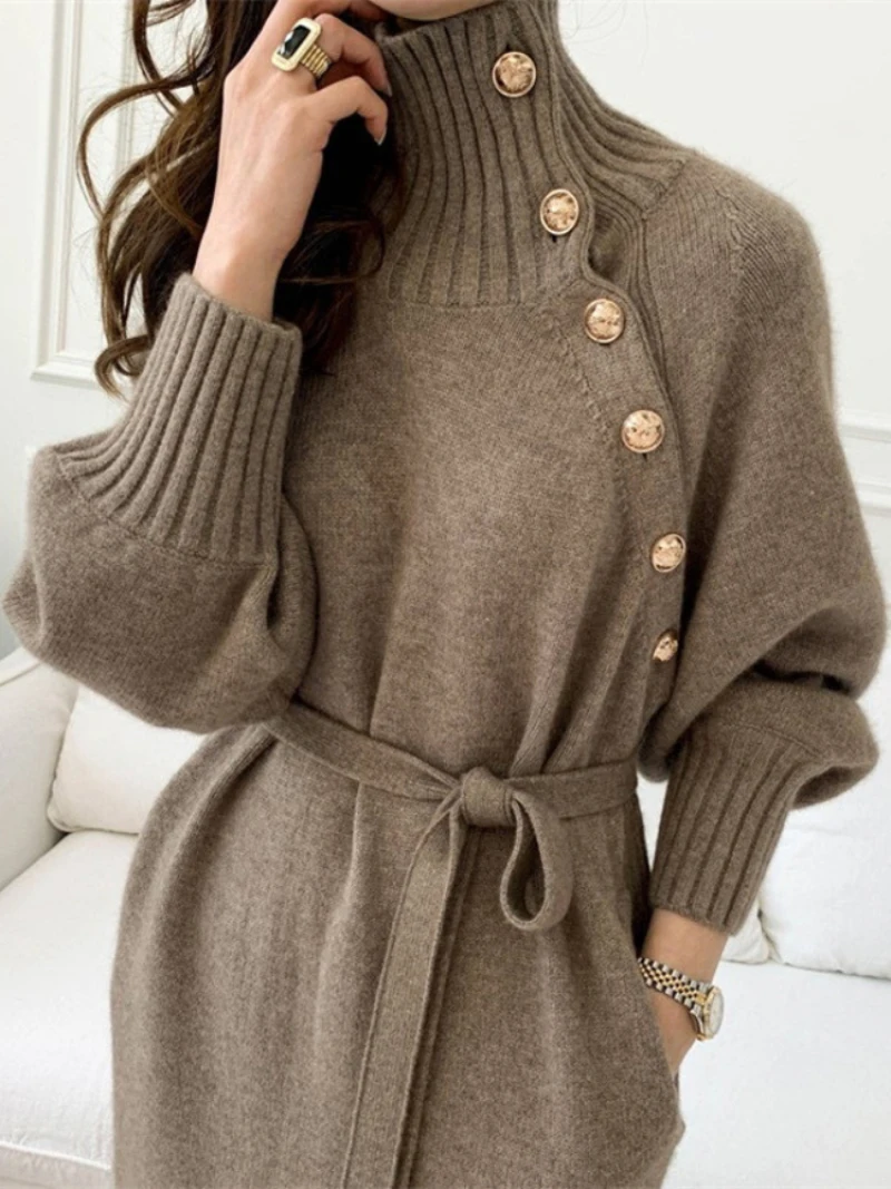 Vintage Turtleneck Buttons Long Sleeve Long Dresses Winter Fashion Casual Loose Knitwear Warm Women Knitted Dress Black Apricot