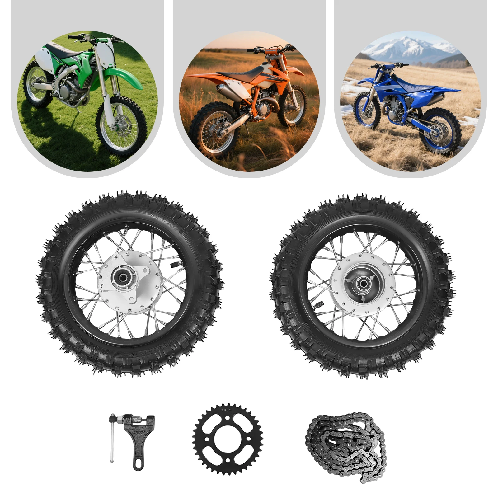 

2.50-10 Front & Rear Wheels Rims Tires Assembly, Drum Brake Pit Bike Fits for Honda CRF50 XR50 BBR KLX Dirt Bikes, With Chain & Chain Plate, Front Rear Tire Rim Wheel Wear-resistant