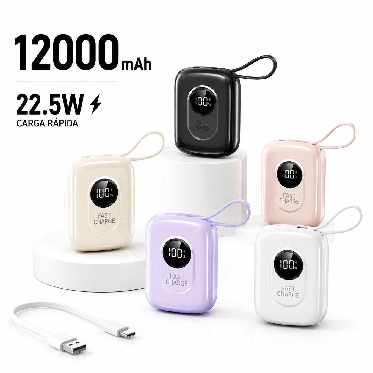 Carregador Portátil 12000mAh Power Bank com Cabos Integrados, Display LED e Carregamento Rápido para Celular