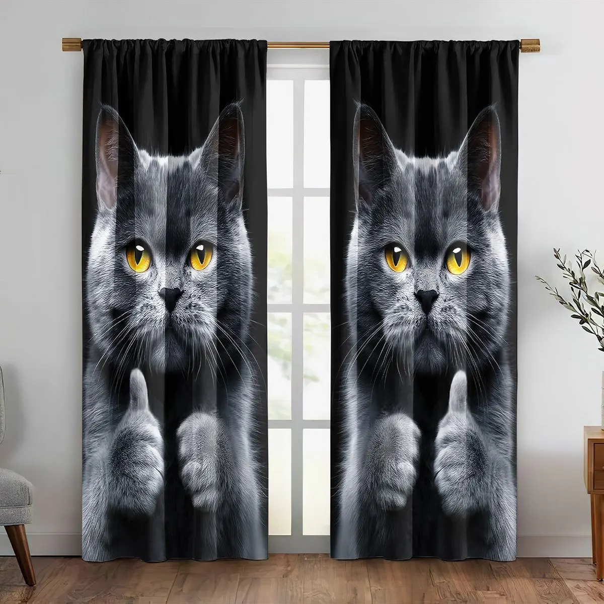 Funny Grey Cat Curtains, Thumbs Up Animal Print Blackout Drapes, Humorous Pet Decor for Living Room Bedroom Window Treatment