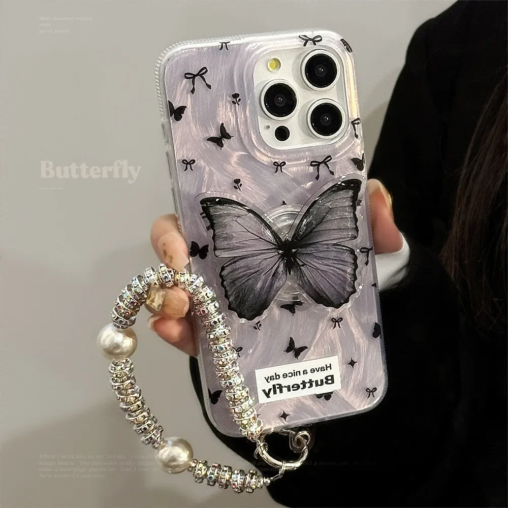 

Premium Purple Butterfly Stand Knot for iPhone, Bracelet phone Case, For iPhone 13, 12Pro, 11, 16, 15, 14Pro Max