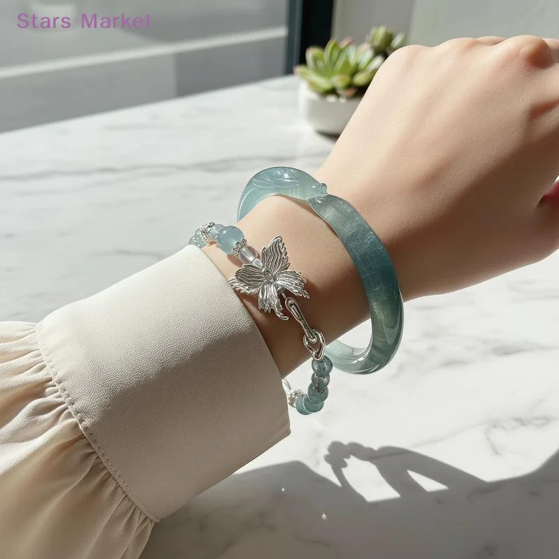 New Handmade Chinese Style Beaded Bracelet Silver Butterfly Pendant Good Luck Blessing Graduation Gift Daily Wear