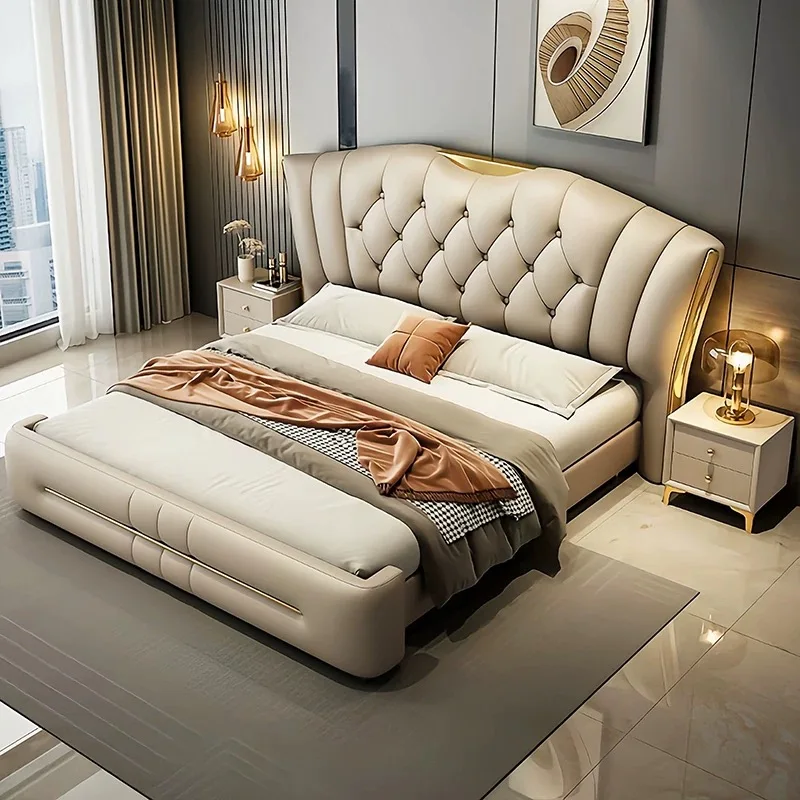 Modern Luxury  Bedroom Furniture Wooden Box Soft Up-holstered Beds Large Double Bed Frame Leather Set Floating Storage Design