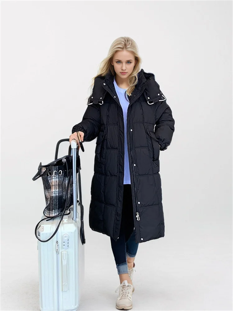 Women\'s Long Puffer Jacket New Fashion Solid Color High-End Hood Thickened Casual Loose Warm Jacket Coat