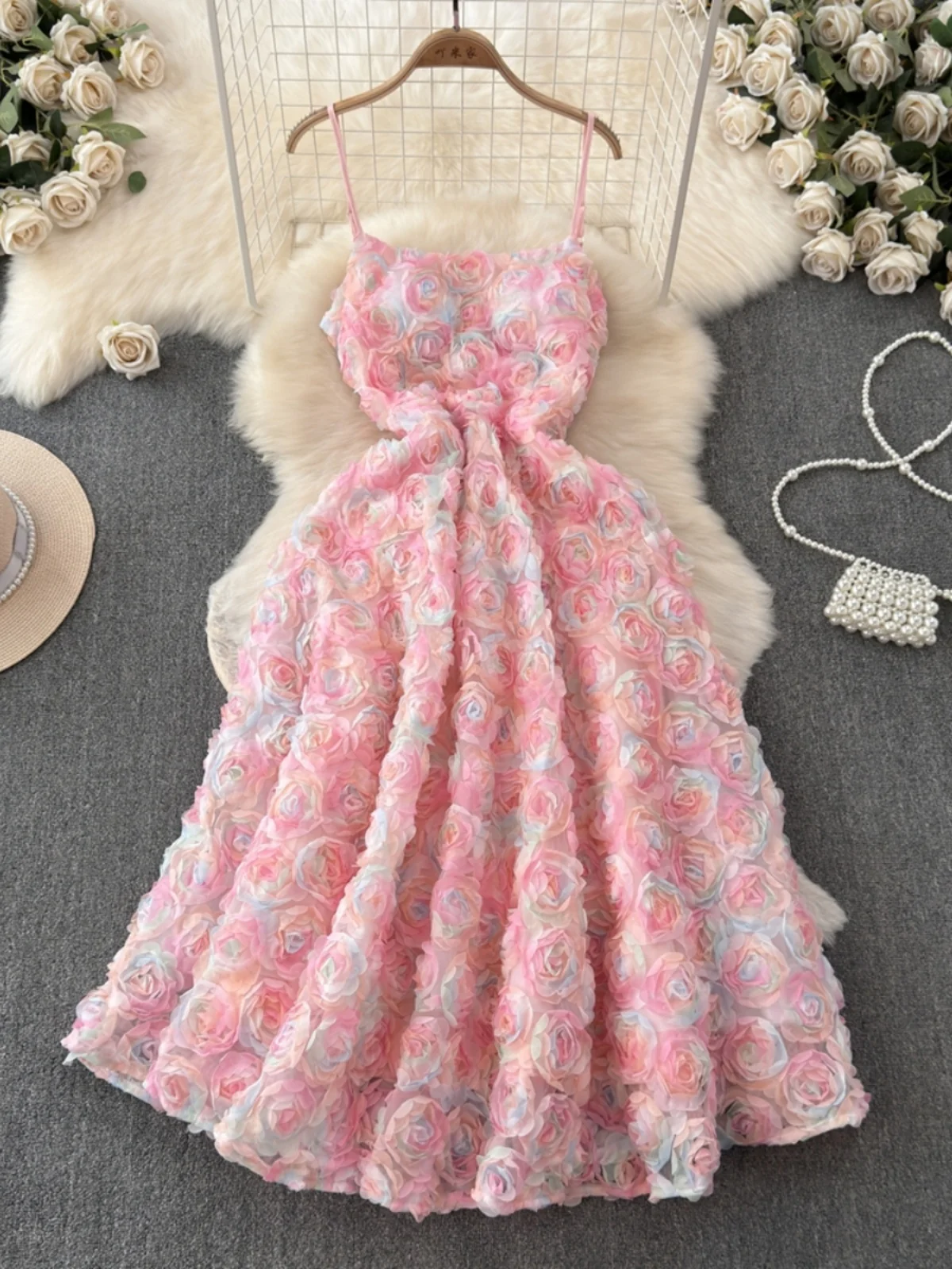 Estate Nuovo Sle 3D Pizzo floreale Dr Design Pesante Vita impreziosita Dimagrante Par Abito rosa Gonna lunga Vita alta A-Line Dr