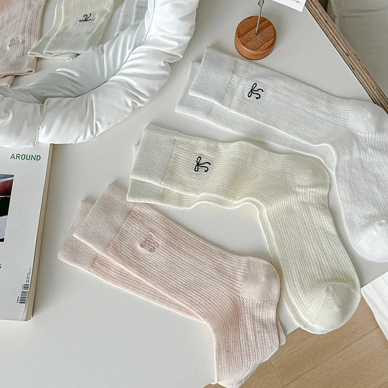 

Hollow Out Women Socks Mesh Breathable Black White Gray Long Socks Cute Bow Embroidery Sweet Girls Kawaii Middle Tube Socks Sox