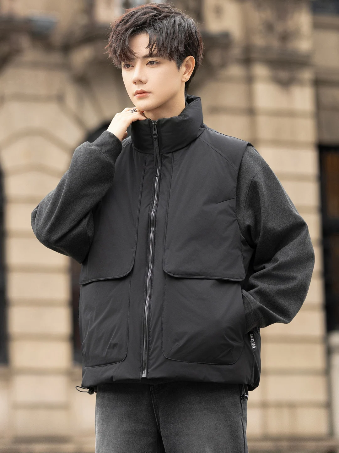 

American Sle Workwear Stand Collar down Vest Men Lightweight Color Haome Old Money Multiple kets Warm Sveles...