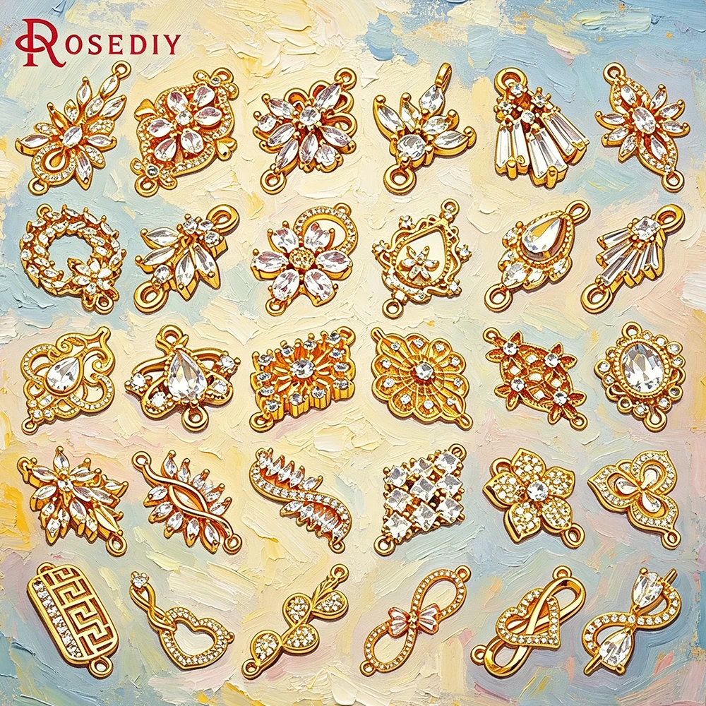

18K Gold Color Brass Zircon 2 Holes Flower Maple Leaves Rhombus Earrings Connect Charms Pendants High Quality Jewelry Making