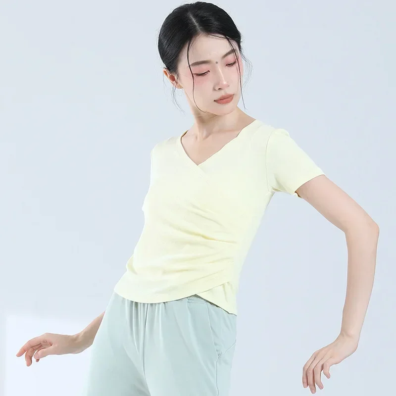 Ropa de práctica de danza clásica, ropa de rima corporal para mujer, ropa de entrenamiento básico, tops de manga corta para danza moderna,