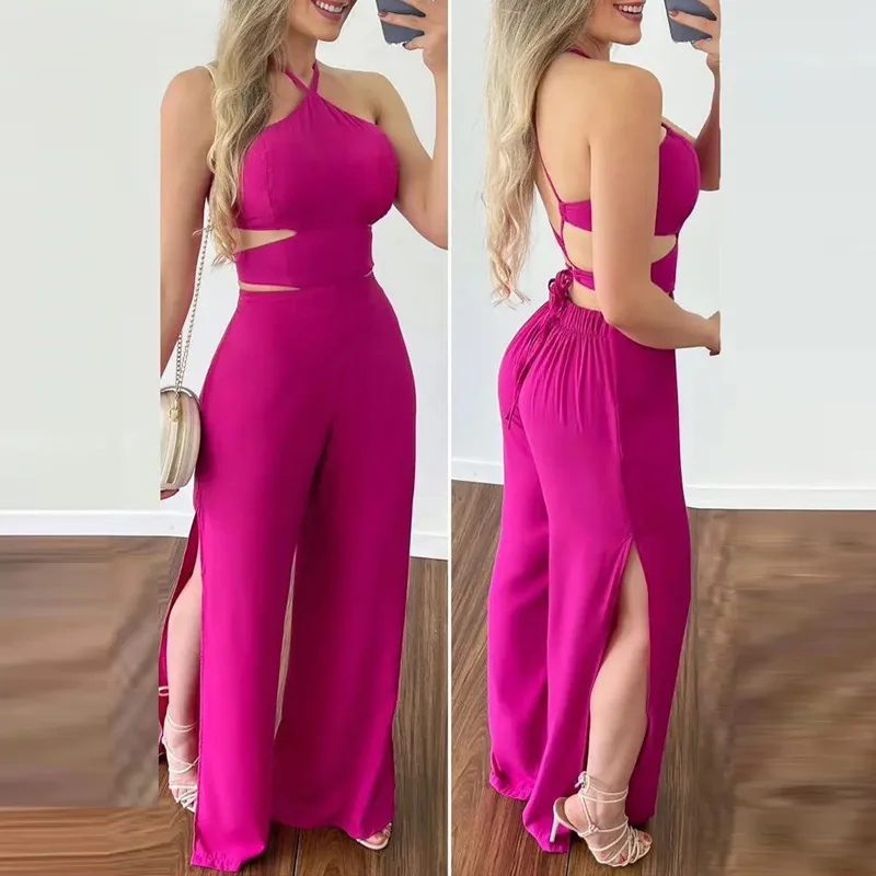 Women\'s Jumpsuit Elegant Summer 2024 High Waist Hanging Neck Hollow Slim Open Back Conjoined Body Pant Sleeveless Jumpbodysuit