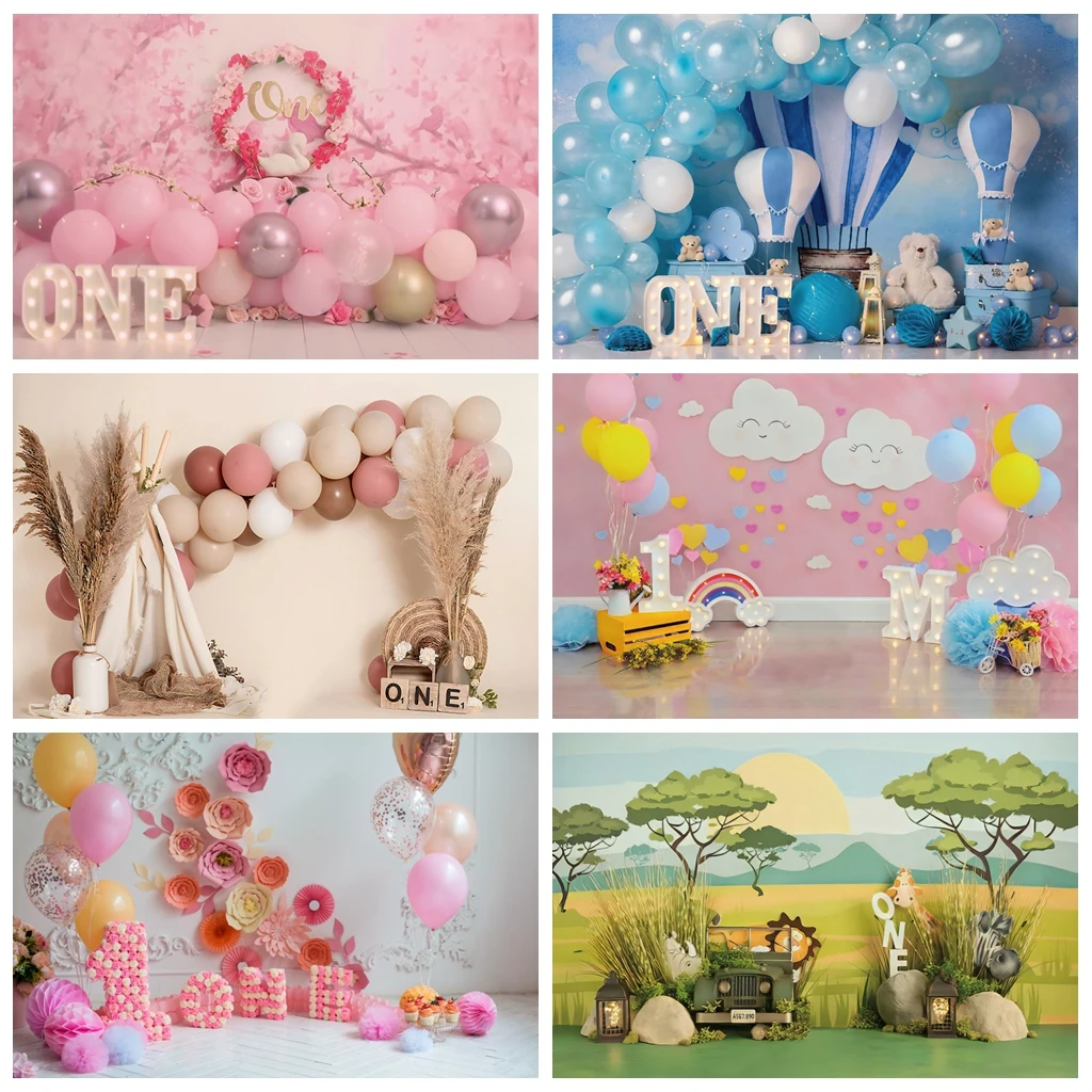 Laeacco Pink Flower Wall Baby Princess 1st Birthday Party Photography Backdrop Balloons Wood Floor Photo Background Photo Studio