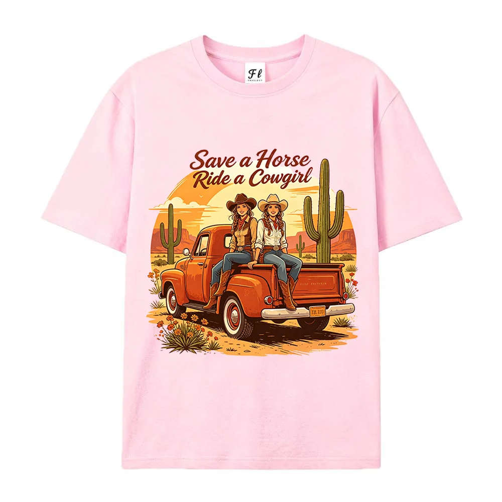 Women T Shirt Save A Horse Ride A Cowgirl Vintage Western Truck Graphic White Oversized Short Sleeve Cotton Top Casual Tees