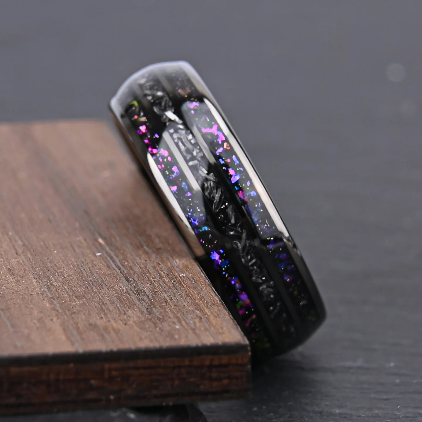New Style Tungsten Ring  8mm Gunmetal Black Tungsten Carbide Ring Customizable Style with Nebula Galaxy&Meteorite Inlay for Man