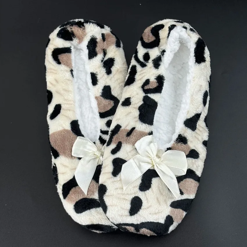 Winter Warm Slipper Women Bow Knot Leopard Fur Plush Anti Skid Grip Cute Funny Indoor Home House Fluffy Female Floor Shoes