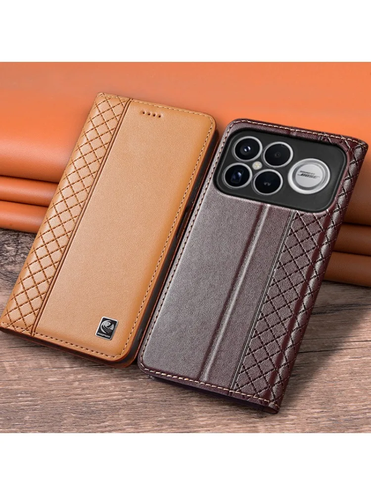 Etui z klapką do XIAOMI POCO F8 F7 Pro Ultra 5G, luksusowe, z prawdziwej skóry bydlęcej, magnetyczne, z wzorem kratki, z kieszenią na karty i funkcją portfela. — zdjęcie produktu 7