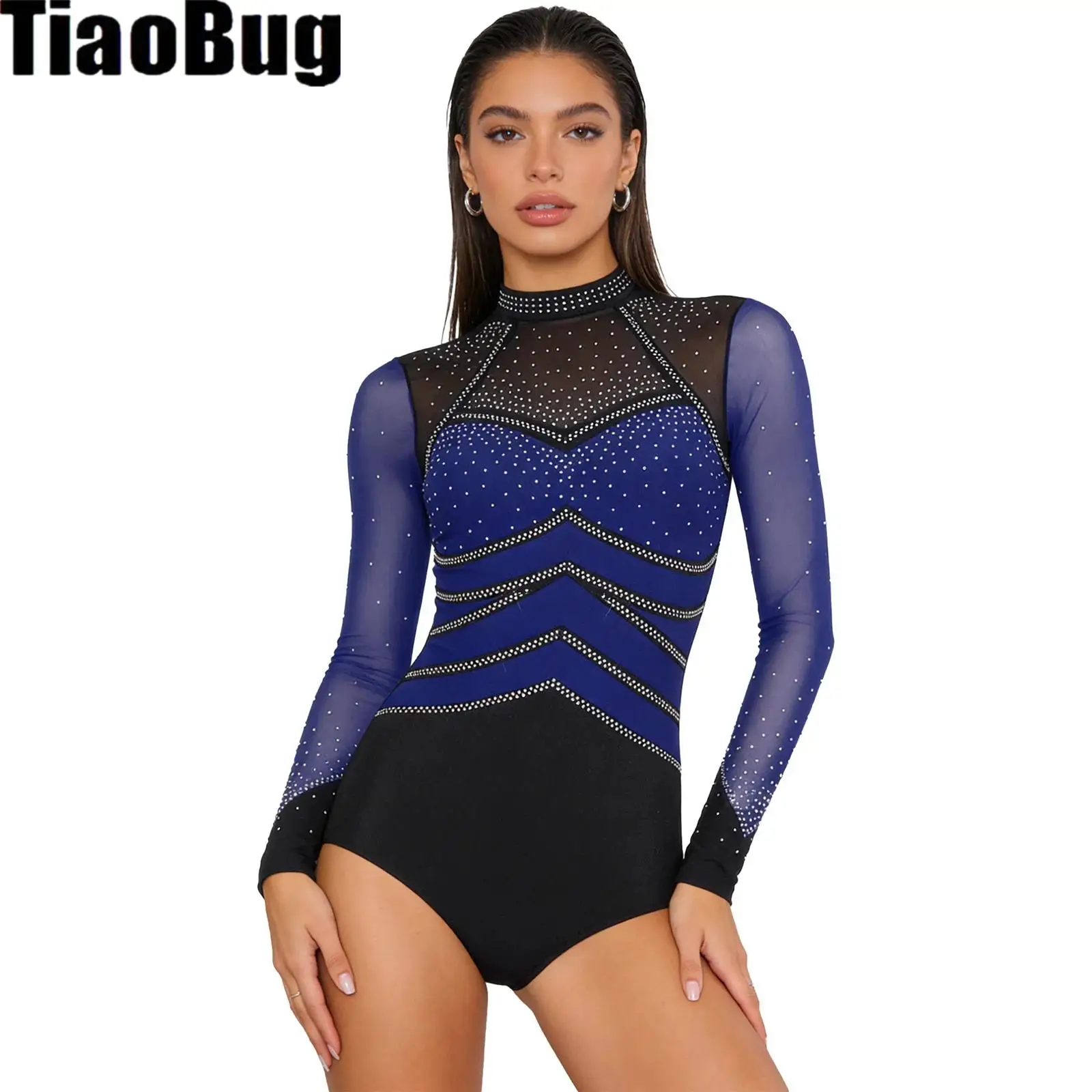 

Womens Gymnastics Rhinestone Bodysuit Mesh Long Sleeve Back Cutout Buttoned Crotch Color Blocking Rompers for Skating Dancing