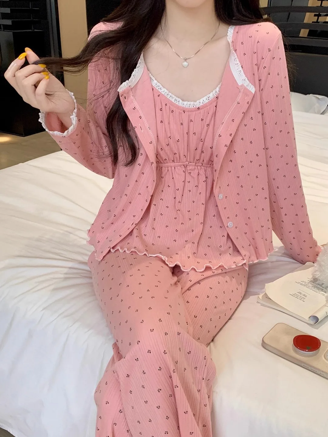 Women's Sleepwear Thin Cotton Padded Three-Piece Set Spring Autumn Winter Sexy Pure Desire Style Long Sleeve Long Pants Soft ...