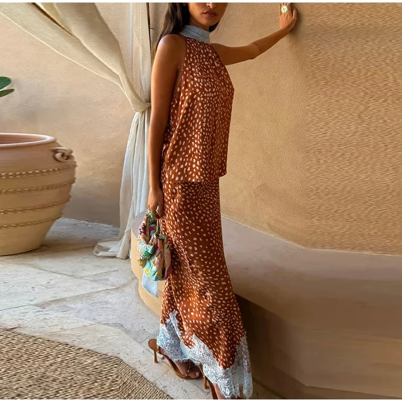 2026 New Elegant Printed Reversible Ribbon Top Lace Insert Skirt Set Women's Sleeveless Dot Two-Piece Outfit Lady Casual Wear view 5