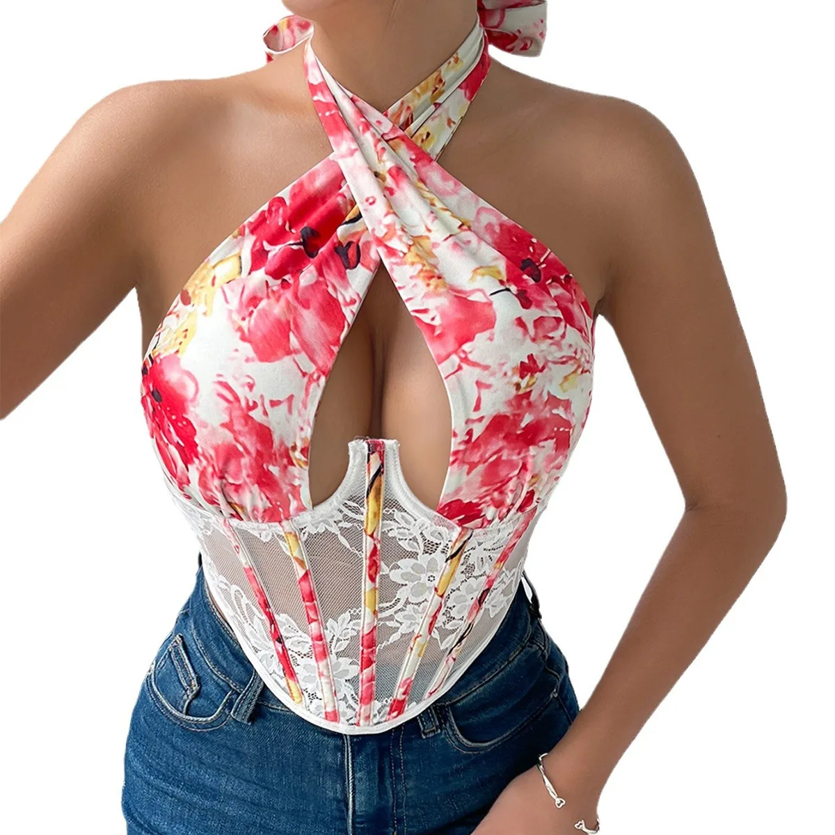 Lace Print Lace-up Neck Boned Tops Womens Sleeveless Corset Vest Fashion Backless Tank Top Summer Slim Lingerie Bustier Camisole