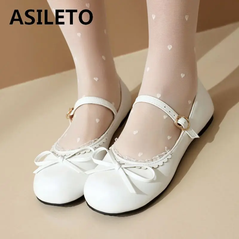 ASILETO 32 33 Women Flats Round Toe Bowknot Buckle Strap Plus Size 44 45 Soft Sweet Dress Shallow Girls Student Shoes Spring