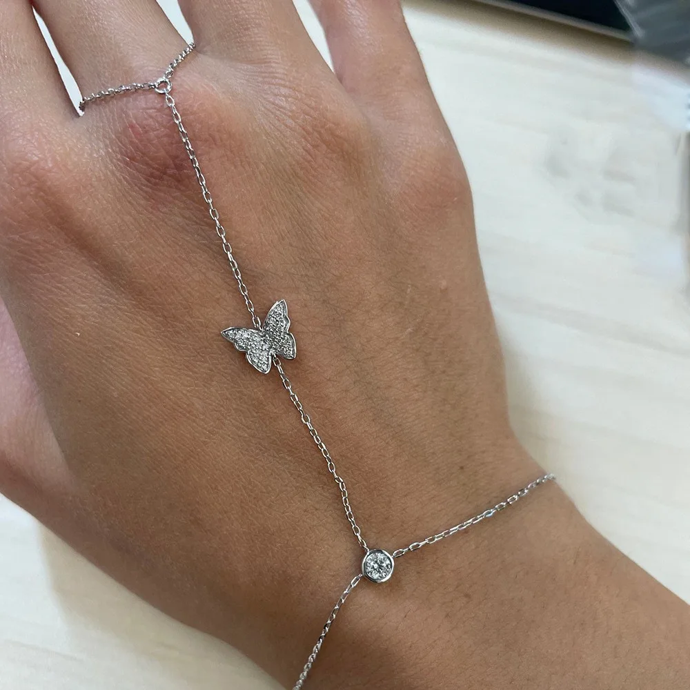 Romantic Boho Butterfly Slave Bracelet Chain Women Hand Jewelry Fashion Designer Rhinestone Finger Bracelet Open Wedding Gift