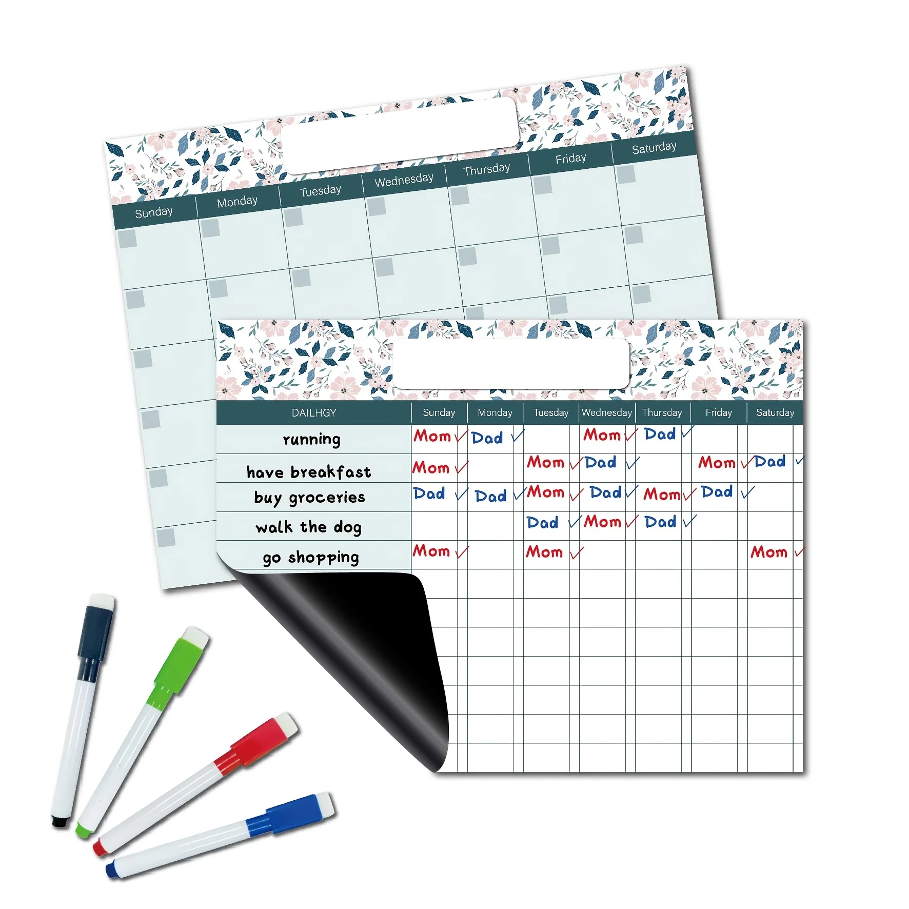 2Pc Magnetic Dry Wipe Refrigerator Calendar Whiteboard Household Chart - Comes with 4 Markers, Note Week Schedule