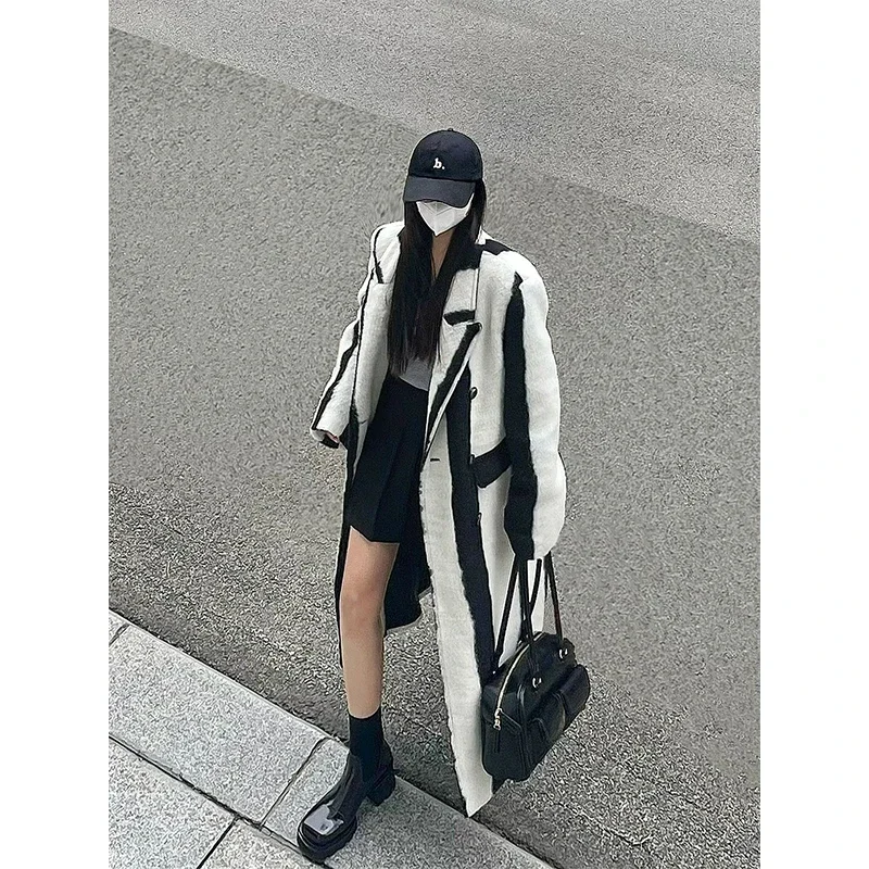 Striped Long Wool Blends Coat Women Vintage Patchwork Jackets Korean Thick Outwear Oversized Cardigan Woolen Overcoat Tops