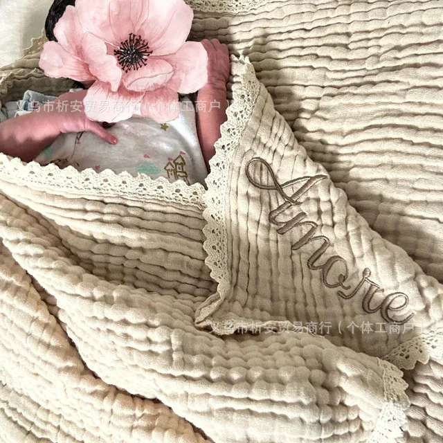 Cotton Custom Blanket Yarn Name Embroidery Text Gauze Baby Kids Children Soft Blankets Gift Personalized Font Blankets 80x100cm