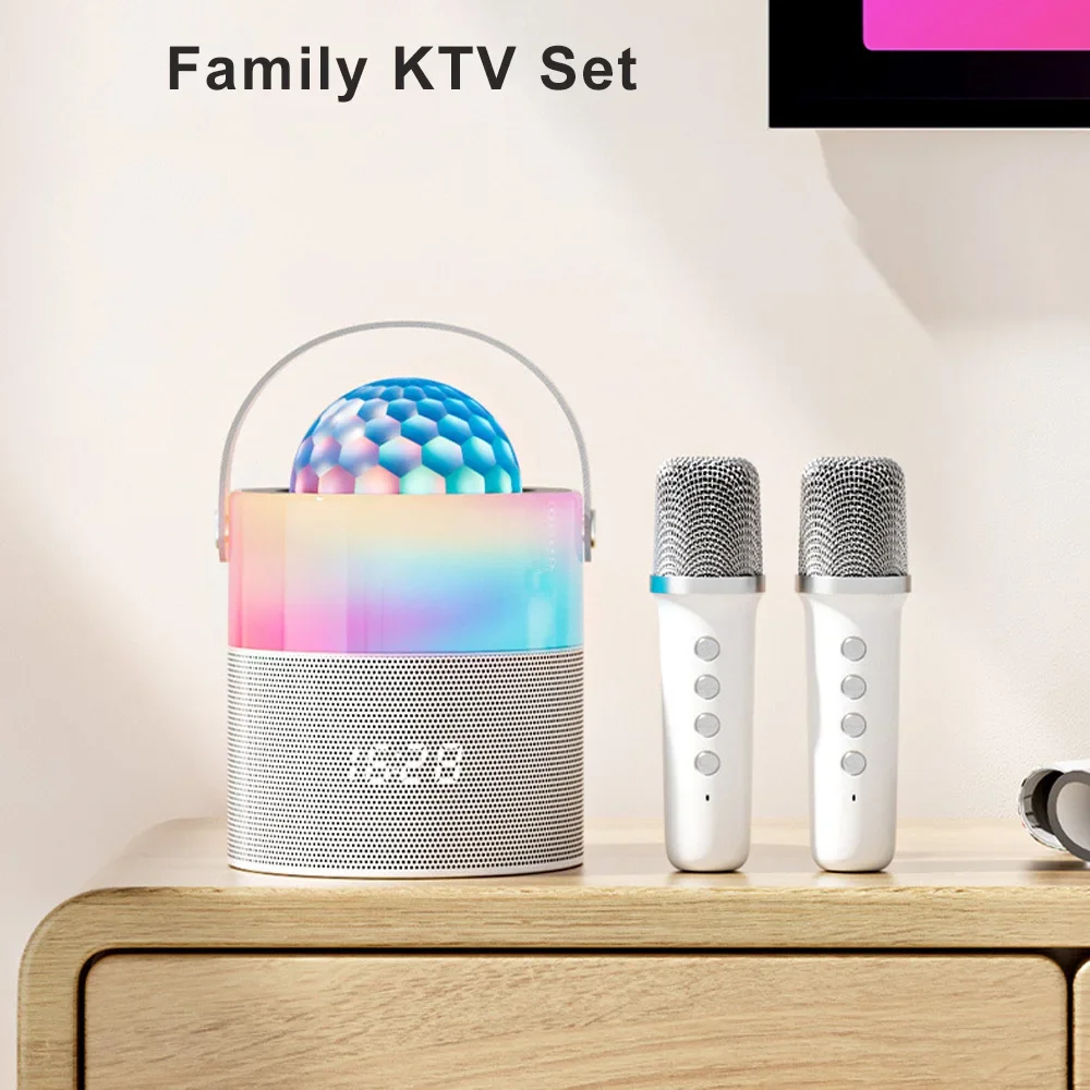 

Family KTV Speaker with Duel Mic RGB Rhythm Rotating Lamp AUX TF Card Playback Wireless Bluetooth Koraoke Audio Special Gifts