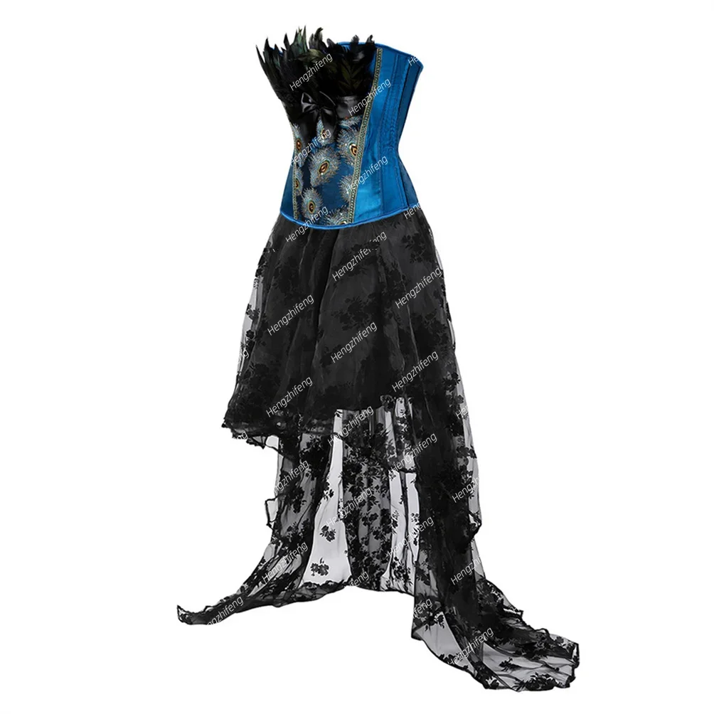 Steampunk Corset Skirt Peacock Corsets for Women Embroidery Overbust Dress Set Renaissance Outfit Womens Halloween Costumes